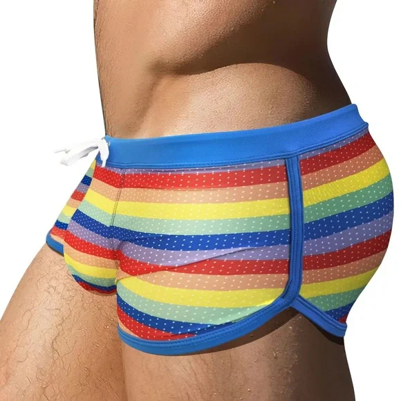 Side Split Mens Swimwear U Pouch Rainbow Beach Swimming Trunks Nylon Quick Dry - Picture 2 of 6
